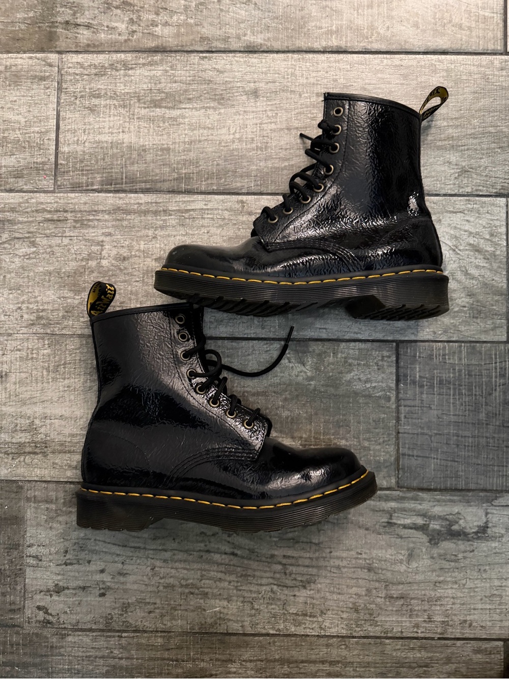 Dr. Martens Black Patent Leather Boots with Yellow Pull-Tab